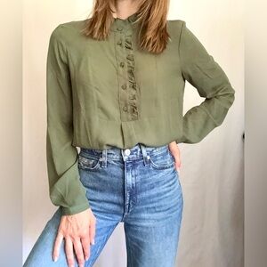 J. Crew Dark Olive Green Ruffle Blouse Long Sleeve Size 0
